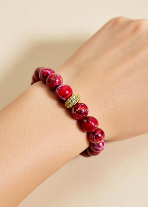 Natural Imperial Jasper Beaded Bracelet, 7.5-Inch Stretch Bracelet in Tangerine, Green, Purple or Red
