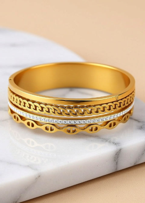 18K Gold-Plated Czech Diamond Wide Bangle Bracelet in Titanium Steel
