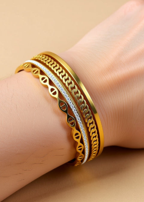 18K Gold-Plated Czech Diamond Wide Bangle Bracelet in Titanium Steel
