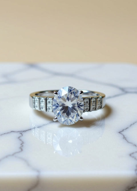3CT Oval-Cut Moissanite Engagement Ring in Platinum-Plated .925 Sterling Silver