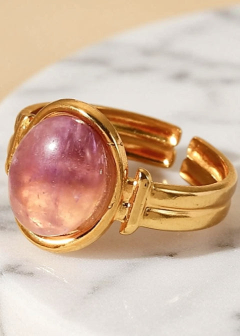 Adjustable Natural Stone Statement Ring in 18K Gold-Plated Stainless Steel
