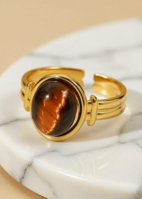 Adjustable Natural Stone Statement Ring in 18K Gold-Plated Stainless Steel