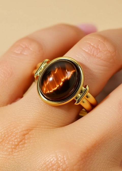 Adjustable Natural Stone Statement Ring in 18K Gold-Plated Stainless Steel