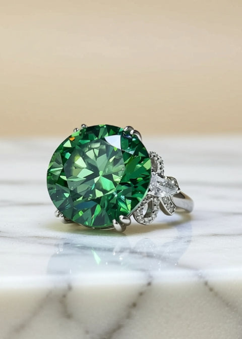 10CT Round Green Moissanite Engagement Ring in Platinum-Plated .925 Sterling Silver