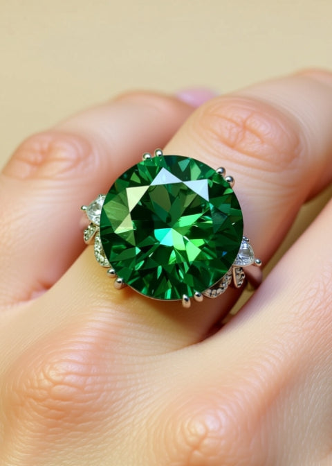 10CT Round Green Moissanite Engagement Ring in Platinum-Plated .925 Sterling Silver