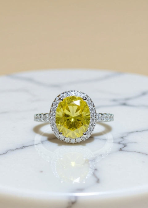 3CT Oval Yellow Moissanite Halo Engagement Ring in .925 Sterling Silver