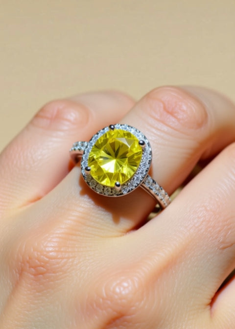 3CT Oval Yellow Moissanite Halo Engagement Ring in .925 Sterling Silver