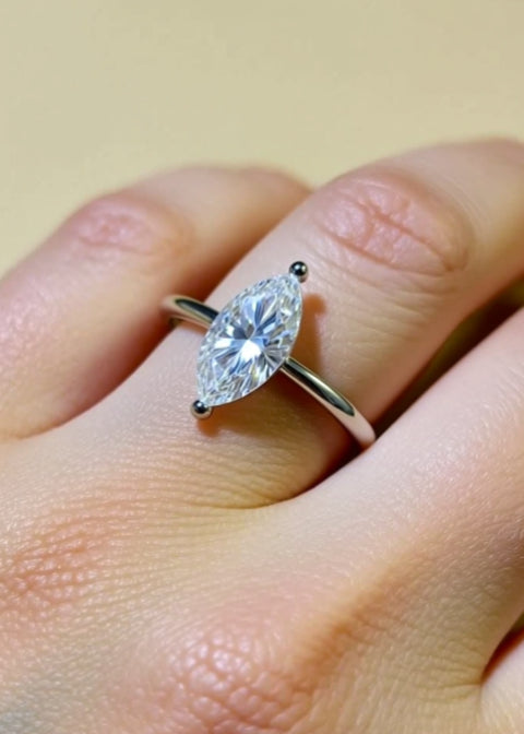 2CT Marquise Moissanite Ring, Platinum-Plated .925 Sterling Silver
