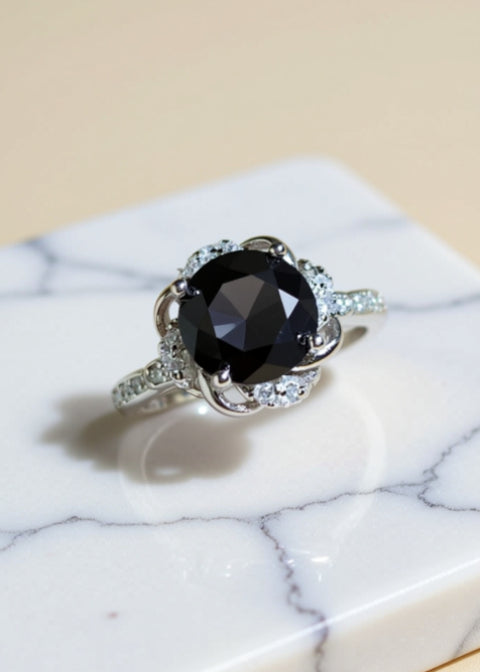 2 Carat Black Moissanite Halo Ring in Platinum-Plated Sterling Silver