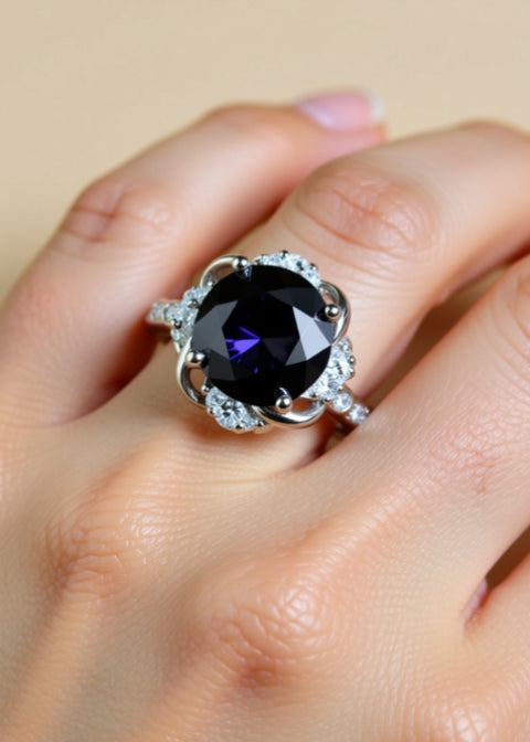 2 Carat Black Moissanite Halo Ring in Platinum-Plated Sterling Silver