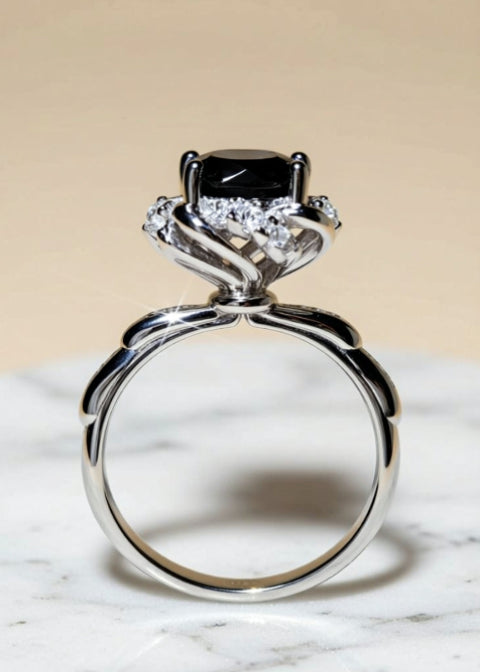 2 Carat Black Moissanite Halo Ring in Platinum-Plated Sterling Silver