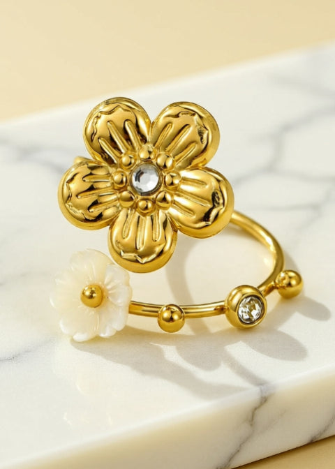 Adjustable 18K Gold-Plated Floral Statement Ring with Zircon