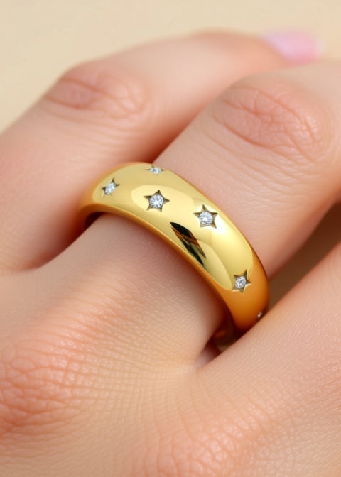 18K Gold-Plated Zircon Star Band Ring in Titanium Steel