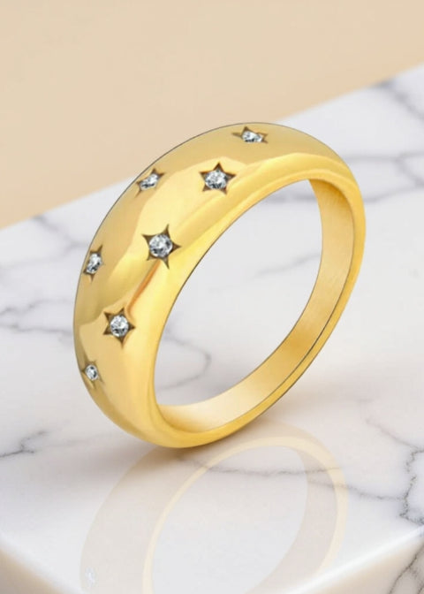 18K Gold-Plated Zircon Star Band Ring in Titanium Steel