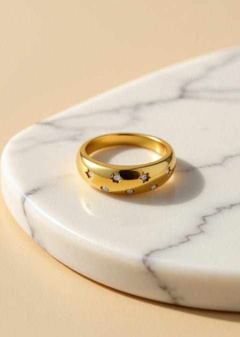 18K Gold-Plated Zircon Star Band Ring in Titanium Steel