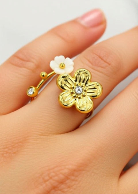 Adjustable 18K Gold-Plated Floral Statement Ring with Zircon