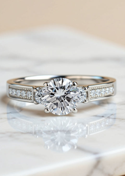 0.8 Carat Round Moissanite Three-Stone Ring in Sterling Silver