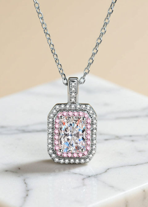 1 Carat Rectangular Moissanite Double Halo Necklace in Sterling Silver