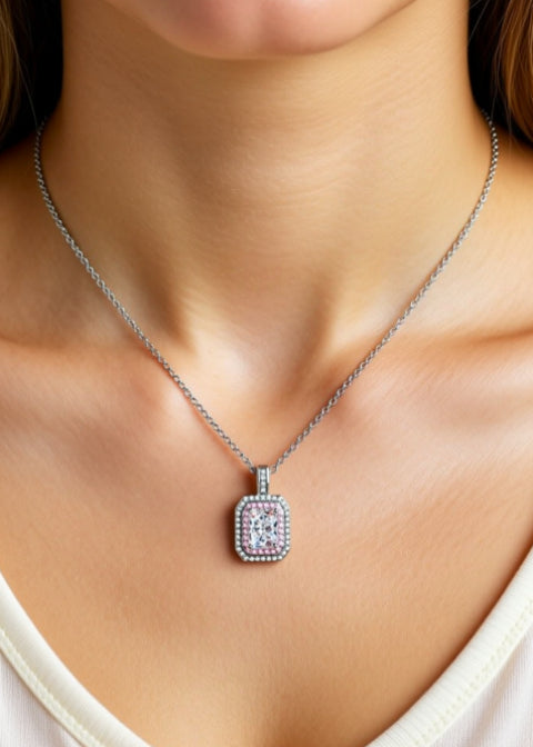 1 Carat Rectangular Moissanite Double Halo Necklace in Sterling Silver