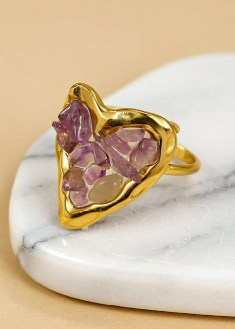 Adjustable Natural Stone Heart Ring in 18K Gold-Plated Stainless Steel