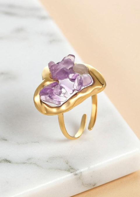 Adjustable Natural Stone Heart Ring in 18K Gold-Plated Stainless Steel