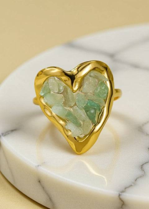 Adjustable Natural Stone Heart Ring in 18K Gold-Plated Stainless Steel