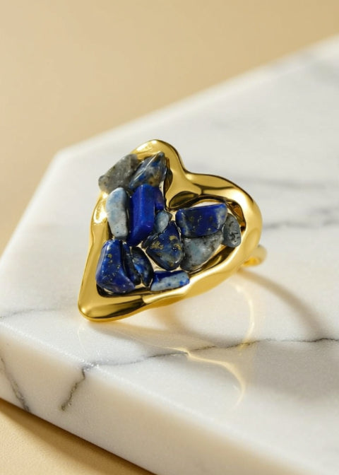Adjustable Natural Stone Heart Ring in 18K Gold-Plated Stainless Steel
