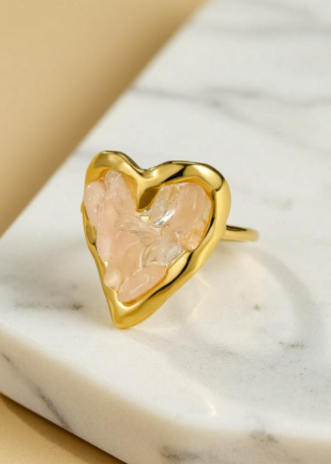 Adjustable Natural Stone Heart Ring in 18K Gold-Plated Stainless Steel