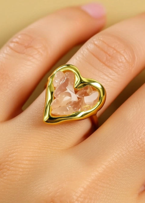 Adjustable Natural Stone Heart Ring in 18K Gold-Plated Stainless Steel