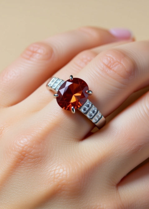 3 Carat Sunset Moissanite Oval Ring in Platinum-Plated Sterling Silver
