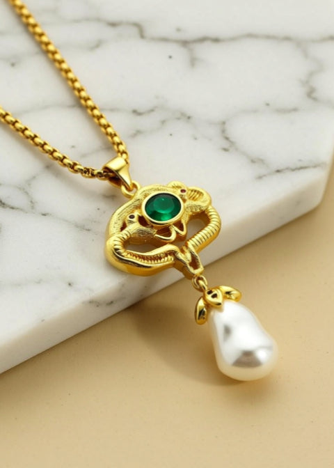 Freshwater Pearl Elephant Pendant Necklace with Green Glass Accent