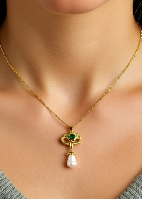 Freshwater Pearl Elephant Pendant Necklace with Green Glass Accent