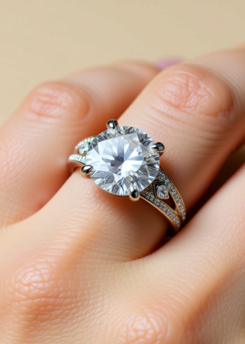 5 Carat Round Moissanite Engagement Ring in Platinum-Plated Sterling Silver