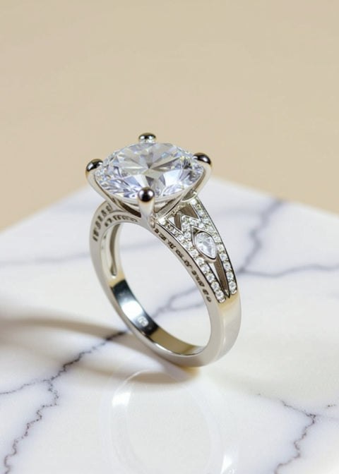 5 Carat Round Moissanite Engagement Ring in Platinum-Plated Sterling Silver