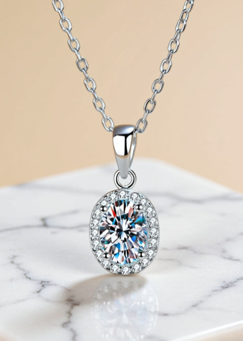 1 Carat Oval Moissanite Halo Pendant Necklace in Sterling Silver