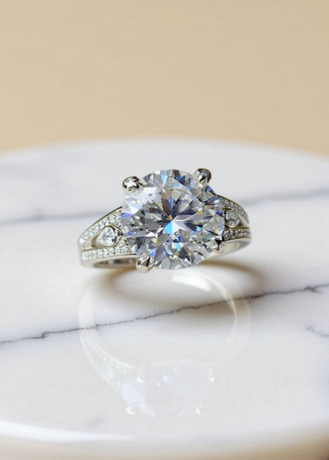 5 Carat Round Moissanite Engagement Ring in Platinum-Plated Sterling Silver
