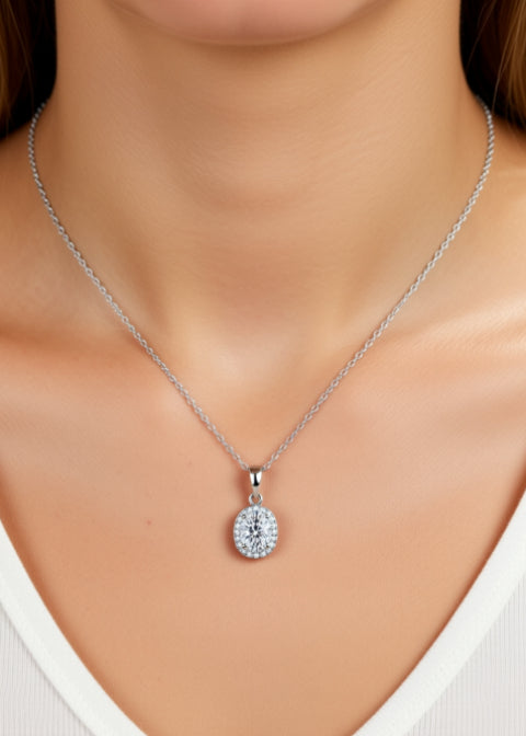 1 Carat Oval Moissanite Halo Pendant Necklace in Sterling Silver