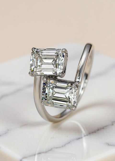 2 Carat Emerald-Cut Moissanite Two-Stone Ring in Sterling Silver