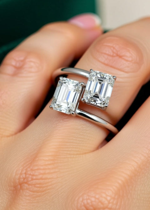 2 Carat Emerald-Cut Moissanite Two-Stone Ring in Sterling Silver