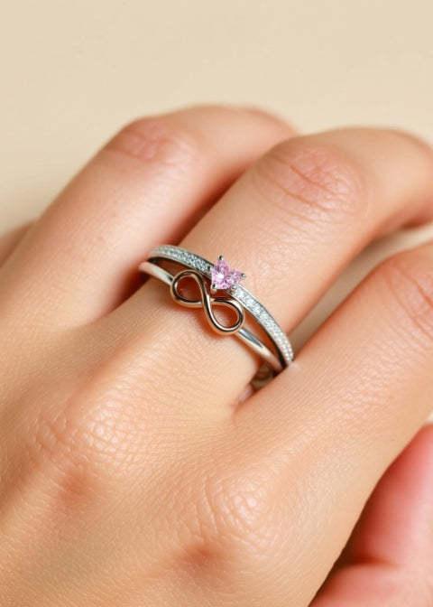 Pink Heart Zircon Infinity Ring in .925 Sterling Silver