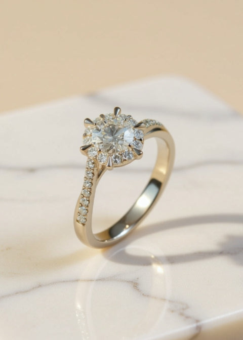0.5 Carat Round Moissanite Halo Ring in .925 Sterling Silver