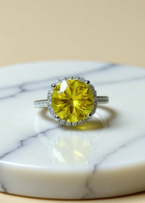 3 Carat Yellow Moissanite Halo Ring in .925 Sterling Silver