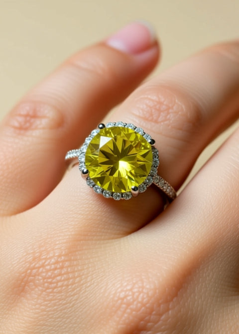 3 Carat Yellow Moissanite Halo Ring in .925 Sterling Silver