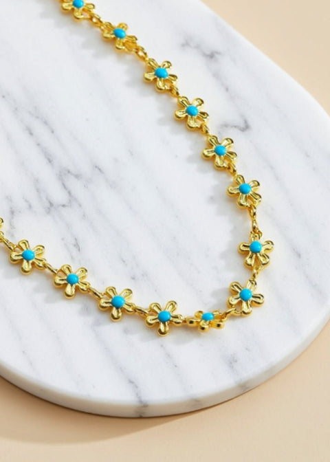 18K Gold-Plated Turquoise Blue Floral Choker Necklace