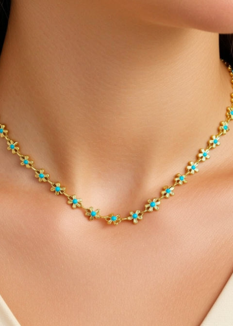 18K Gold-Plated Turquoise Blue Floral Choker Necklace