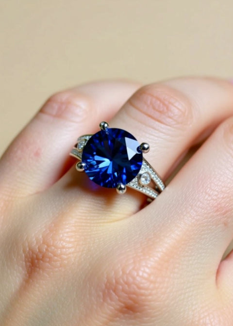 5 Carat Blue Moissanite Statement Ring in Platinum-Plated Sterling Silver
