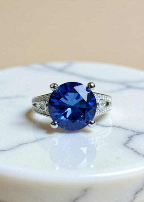 5 Carat Blue Moissanite Statement Ring in Platinum-Plated Sterling Silver