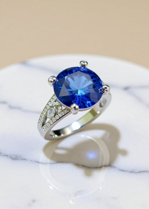 5 Carat Blue Moissanite Statement Ring in Platinum-Plated Sterling Silver
