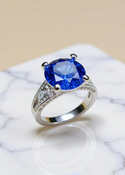5 Carat Blue Moissanite Statement Ring in Platinum-Plated Sterling Silver