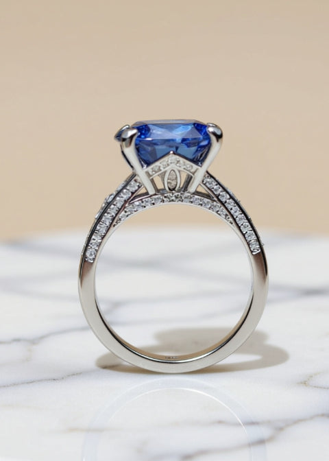 5 Carat Blue Moissanite Statement Ring in Platinum-Plated Sterling Silver